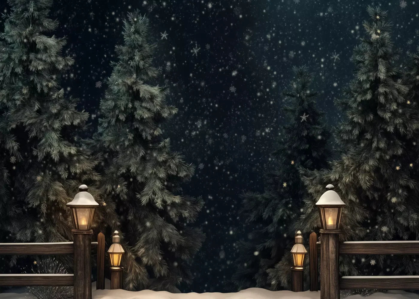 Snowy Forest With Lanterns 7’X5’ Ultracloth (84 X 60 Inch) Backdrop