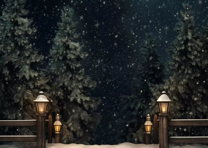 Snowy Forest With Lanterns 7’X5’ Ultracloth (84 X 60 Inch) Backdrop