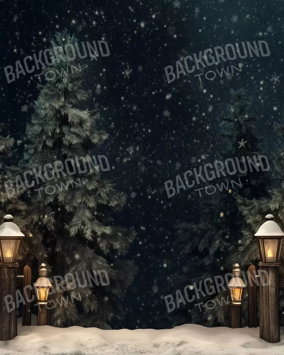 Snowy Forest With Lanterns 8’X10’ Fleece (96 X 120 Inch) Backdrop