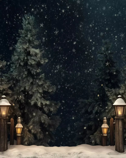 Snowy Forest With Lanterns 8’X10’ Fleece (96 X 120 Inch) Backdrop