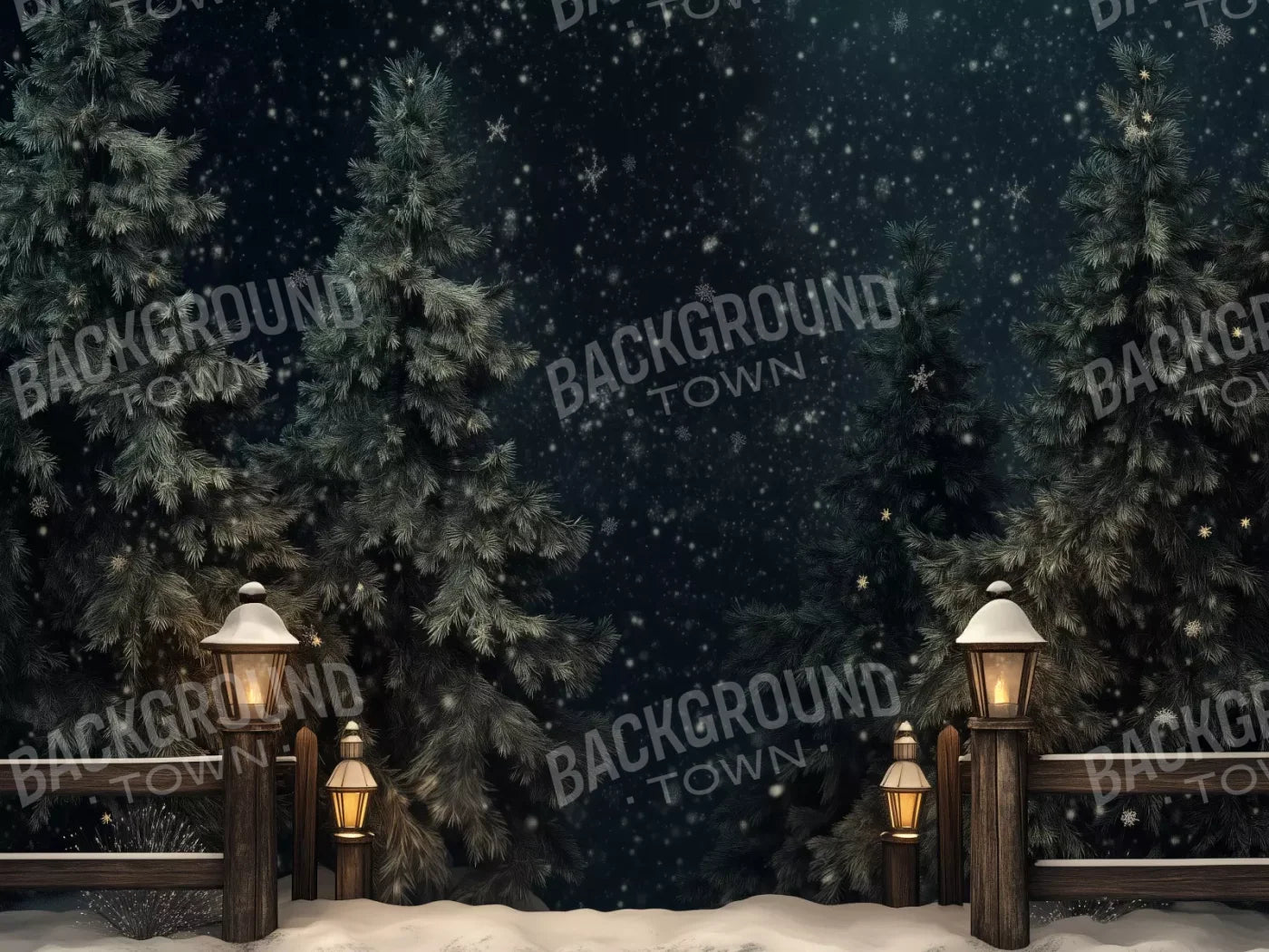 Snowy Forest With Lanterns 8’X6’ Fleece (96 X 72 Inch) Backdrop