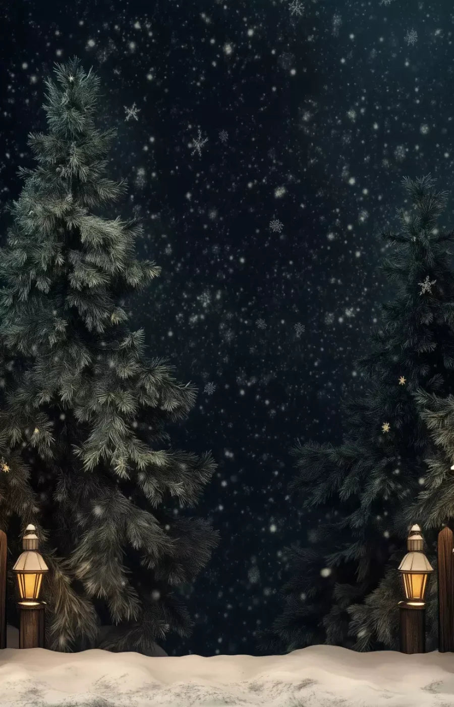 Snowy Forest With Lanterns 9’X14’ Ultracloth (108 X 168 Inch) Backdrop
