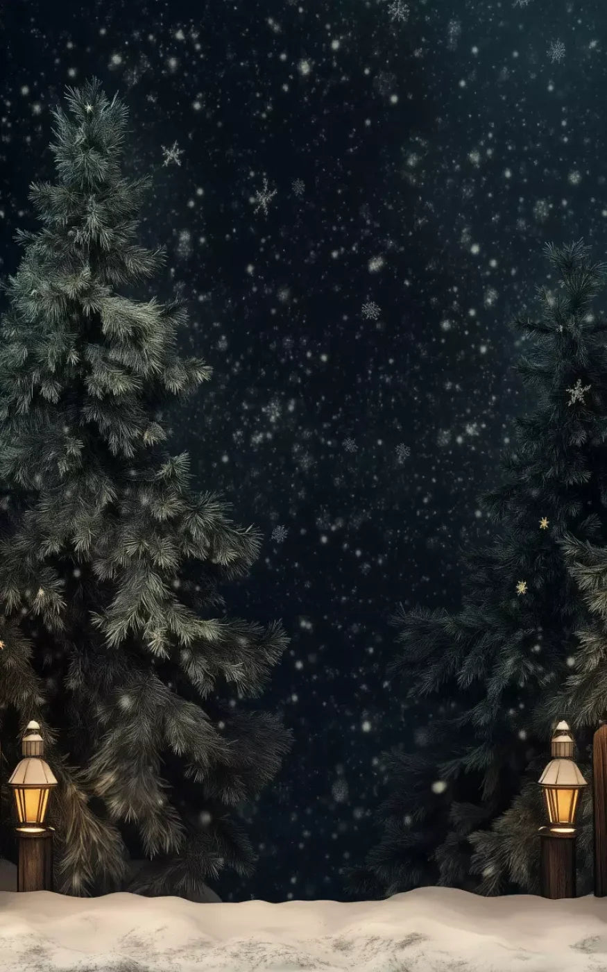 Snowy Forest With Lanterns 5’X8’ Ultracloth (60 X 96 Inch) Backdrop