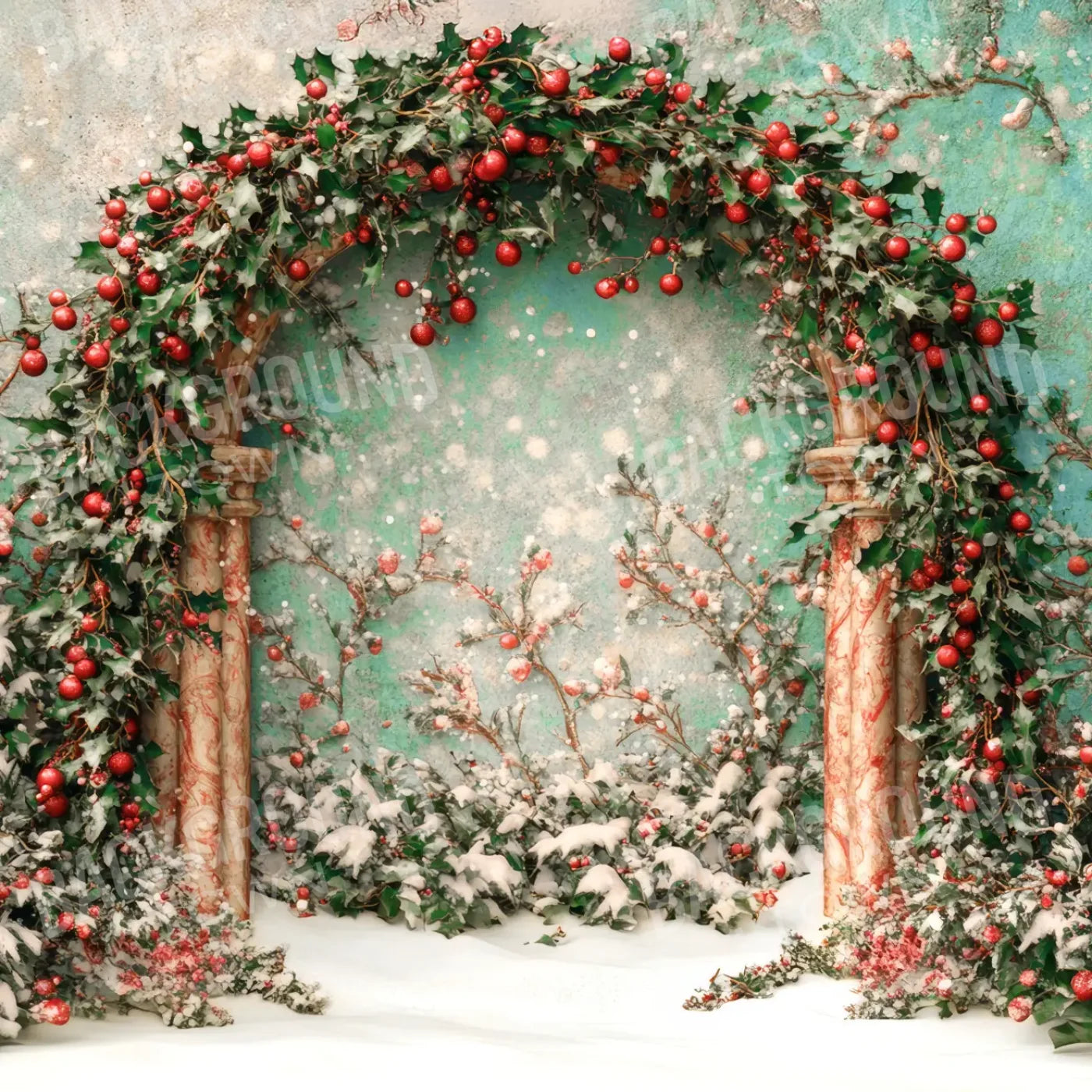 Snowy Holly Christmas Arch 10’x10’ UltraCloth (120 x 120 inch) Backdrop