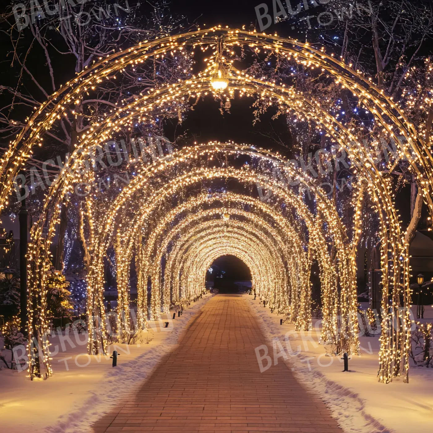Sparkly Golden Christmas Lights Arch Tunnel 8’x8’ Fleece (96 x 96 inch) Backdrop