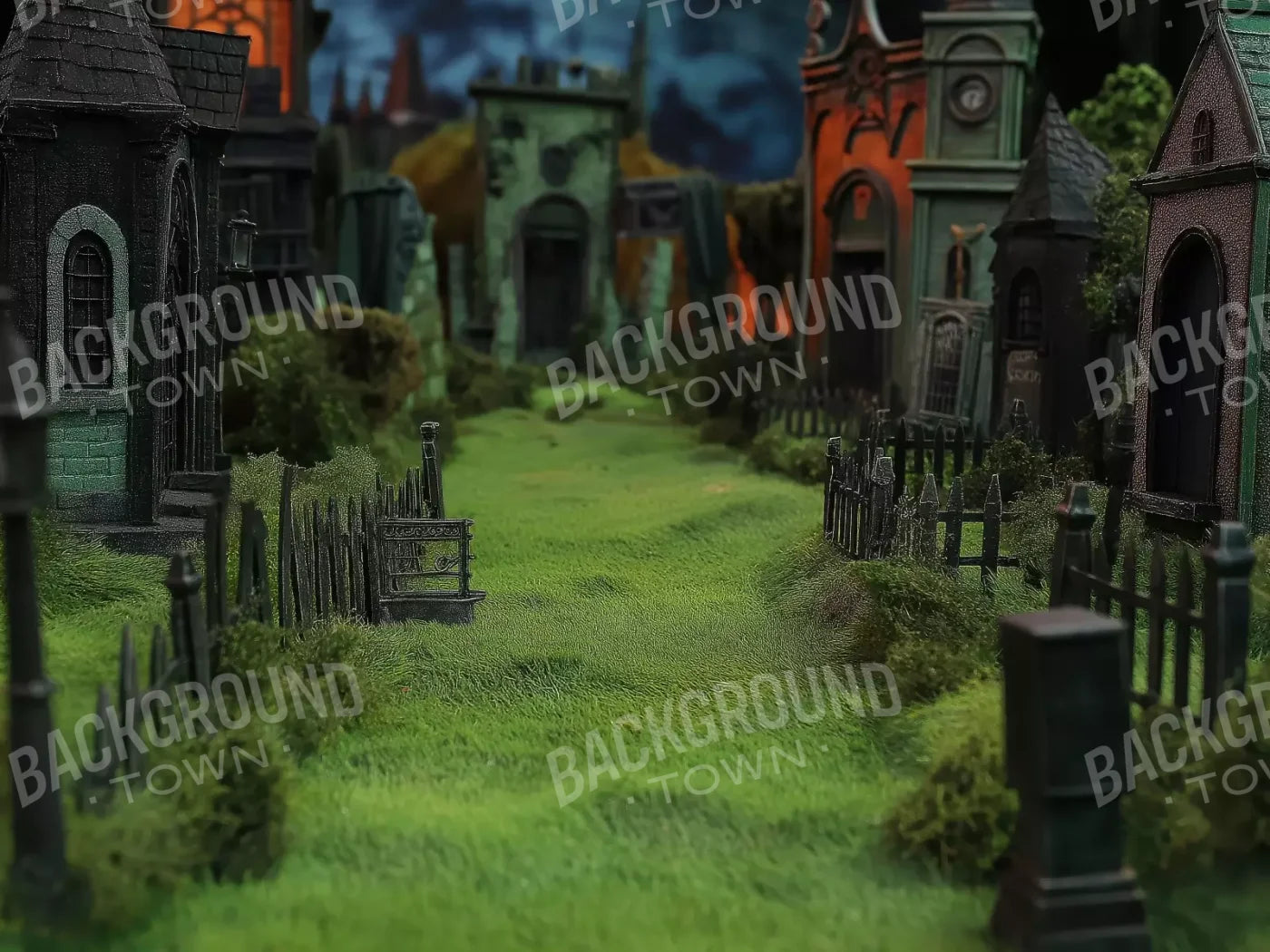 Stroll Through Halloween Village 6’8x5’ Fleece (80 x 60 inch) Backdrop