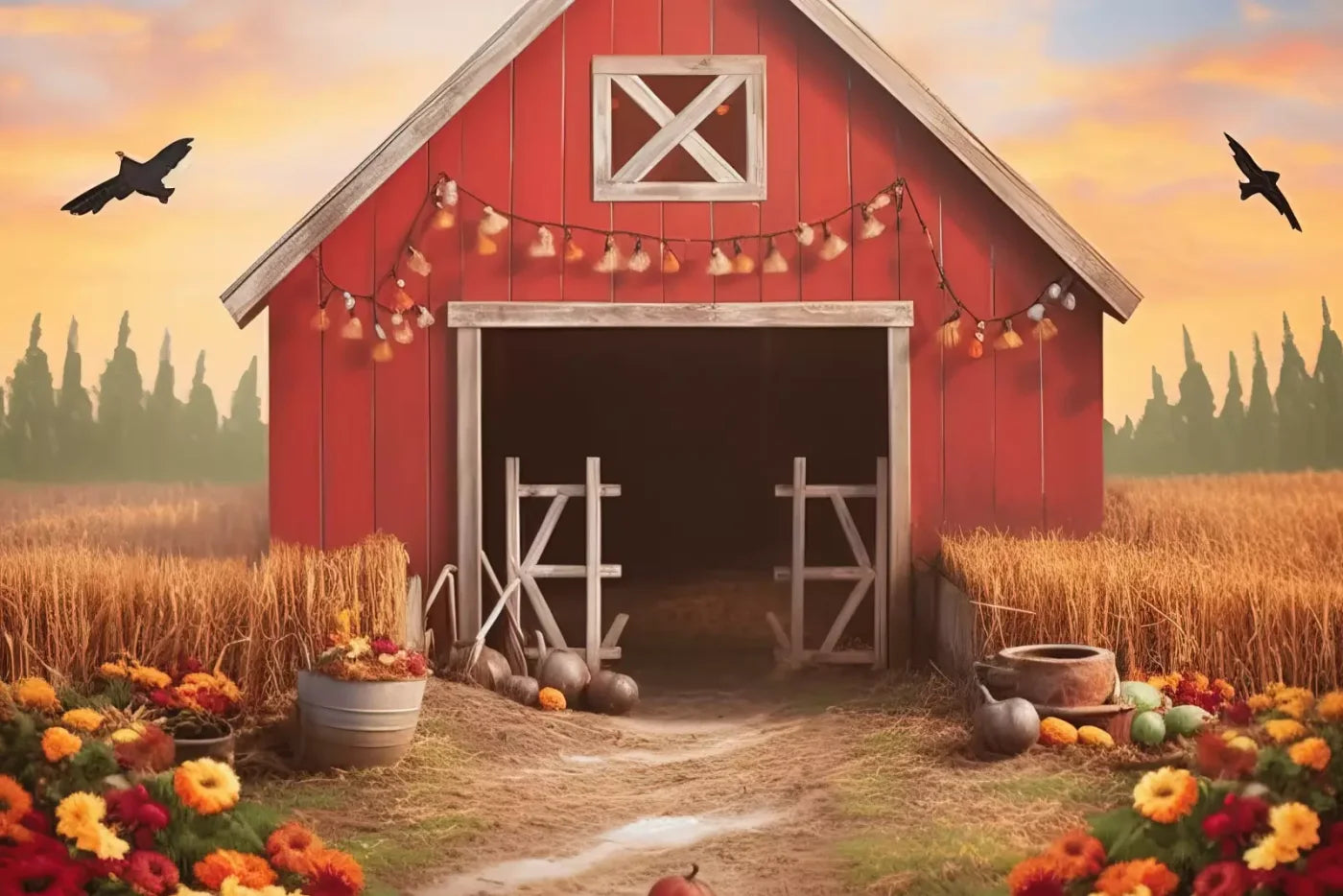 Sunset Autumn Barn 12’X8’ Ultracloth (144 X 96 Inch) Backdrop