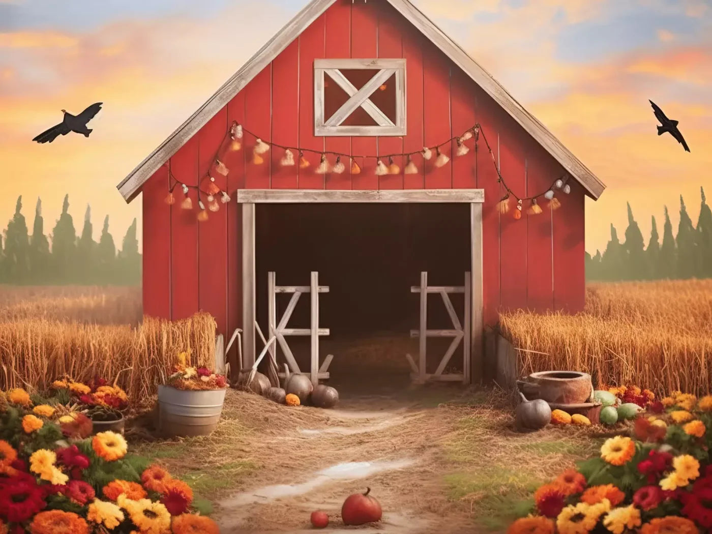 Sunset Autumn Barn 6’8X5’ Fleece (80 X 60 Inch) Backdrop