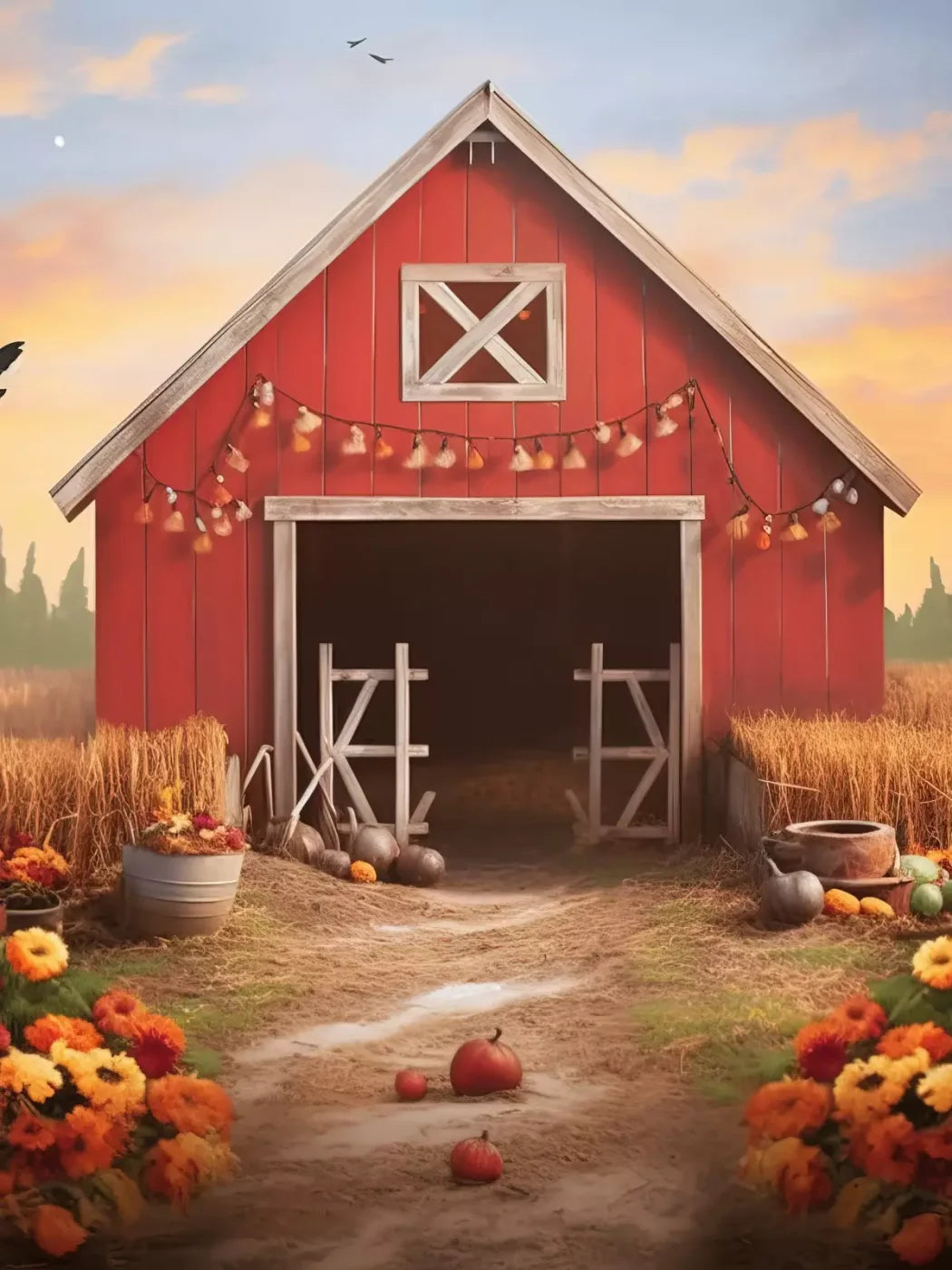 Sunset Autumn Barn 6’X8’ Fleece (72 X 96 Inch) Backdrop