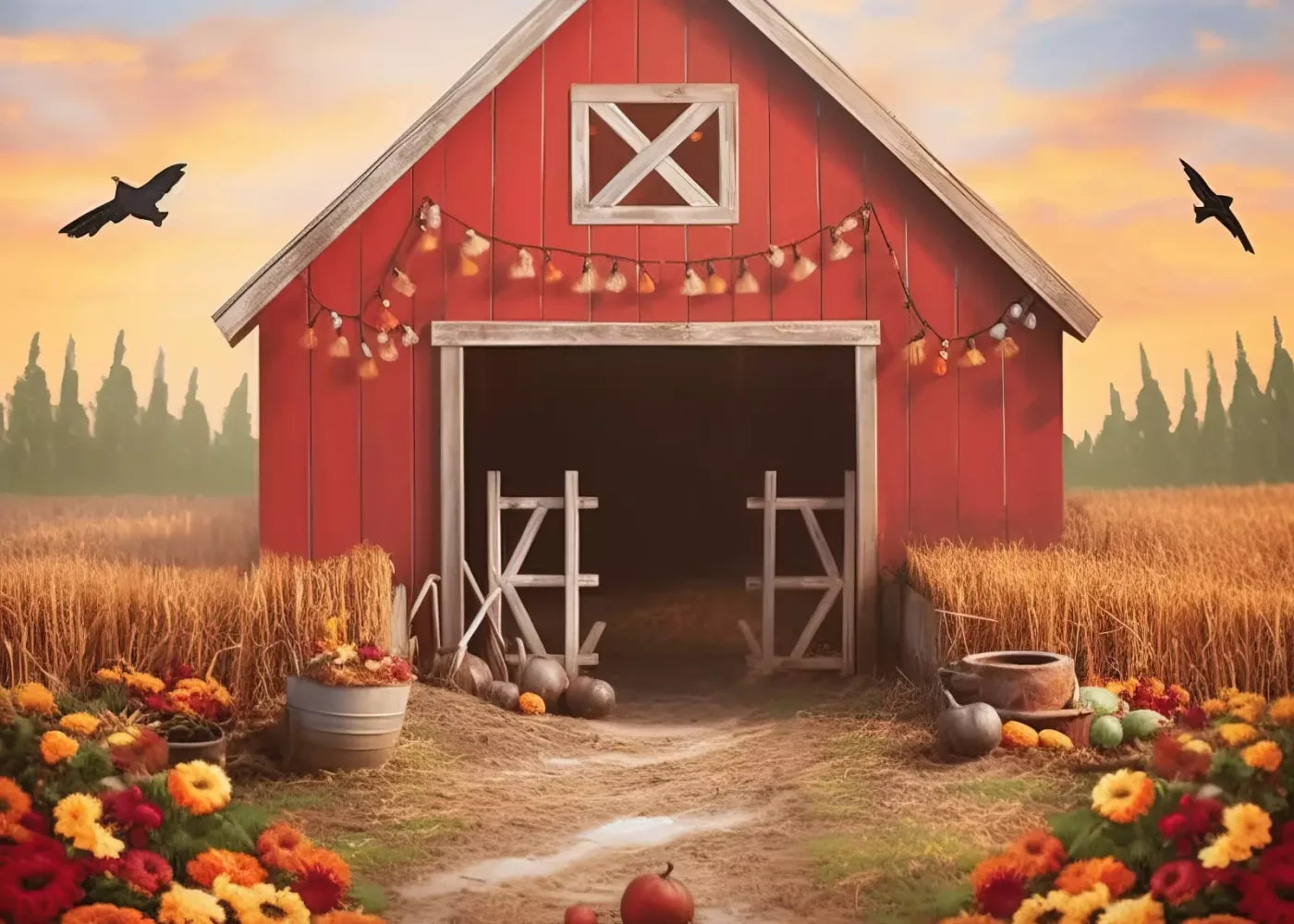 Sunset Autumn Barn 7’X5’ Ultracloth (84 X 60 Inch) Backdrop