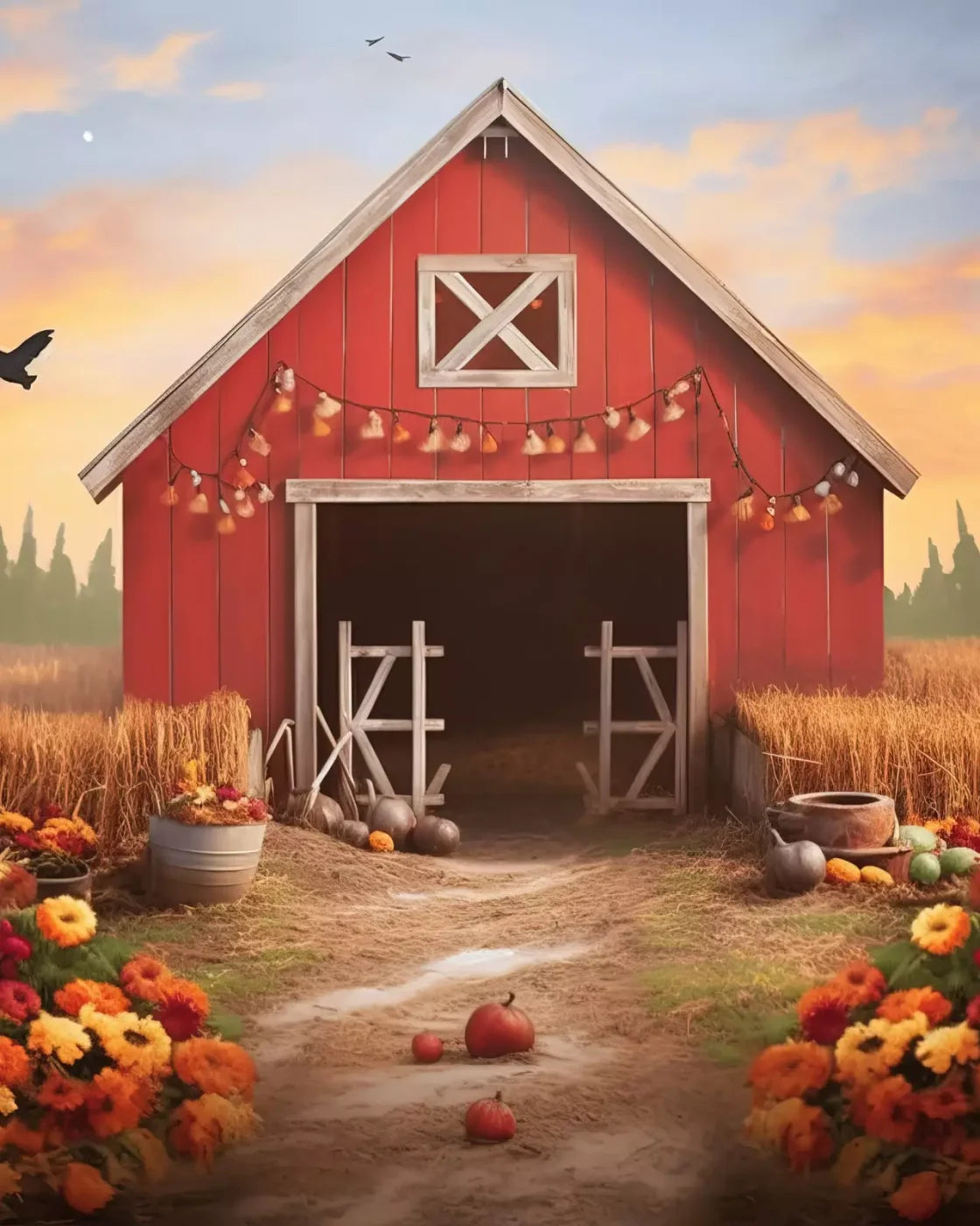 Sunset Autumn Barn 8’X10’ Fleece (96 X 120 Inch) Backdrop