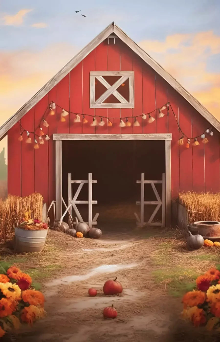 Sunset Autumn Barn 9’X14’ Ultracloth (108 X 168 Inch) Backdrop