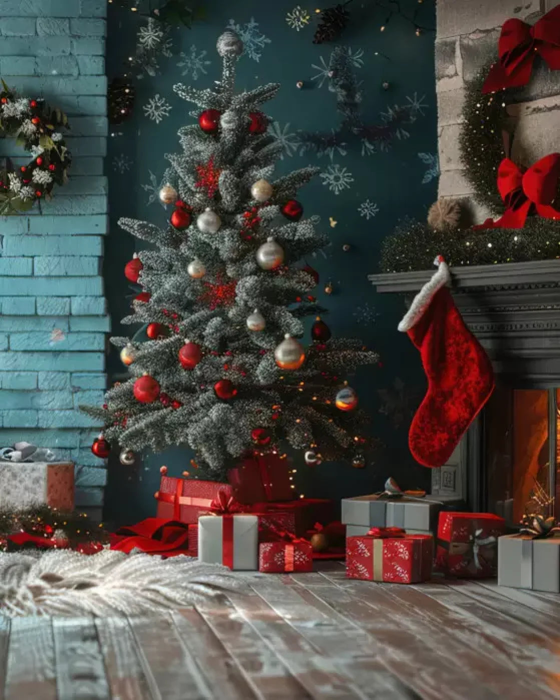 Teal Christmas Full I 8’X10’ Fleece (96 X 120 Inch) Backdrop