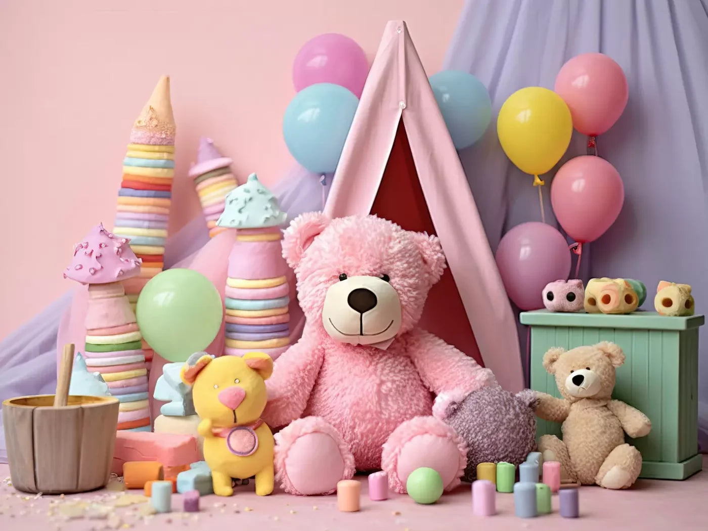 Teddy Bear Picnic 2 6’8X5’ Fleece (80 X 60 Inch) Backdrop