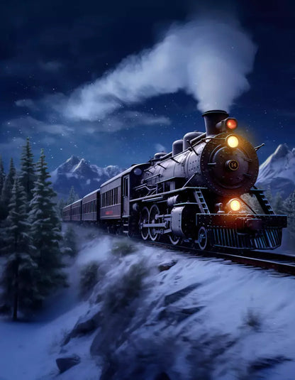 Train In Snowy Mountains 6X8 Fleece ( 72 X 96 Inch ) Backdrop