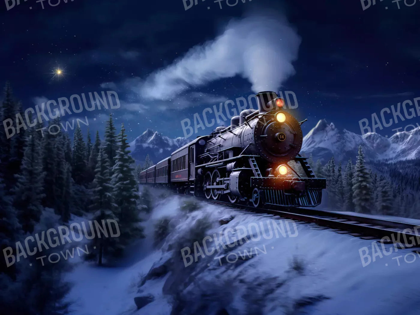 Train In Snowy Mountains 7X5 Ultracloth ( 84 X 60 Inch ) Backdrop