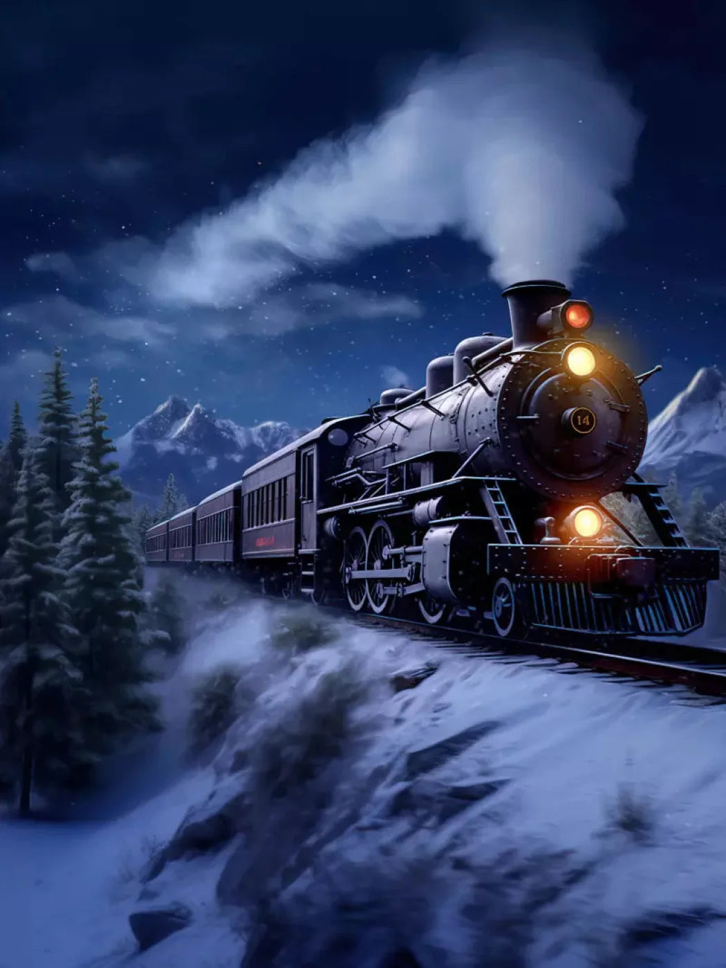 Train In Snowy Mountains 8X10 Fleece ( 96 X 120 Inch ) Backdrop