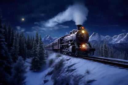 Train In Snowy Mountains 8X5 Ultracloth ( 96 X 60 Inch ) Backdrop