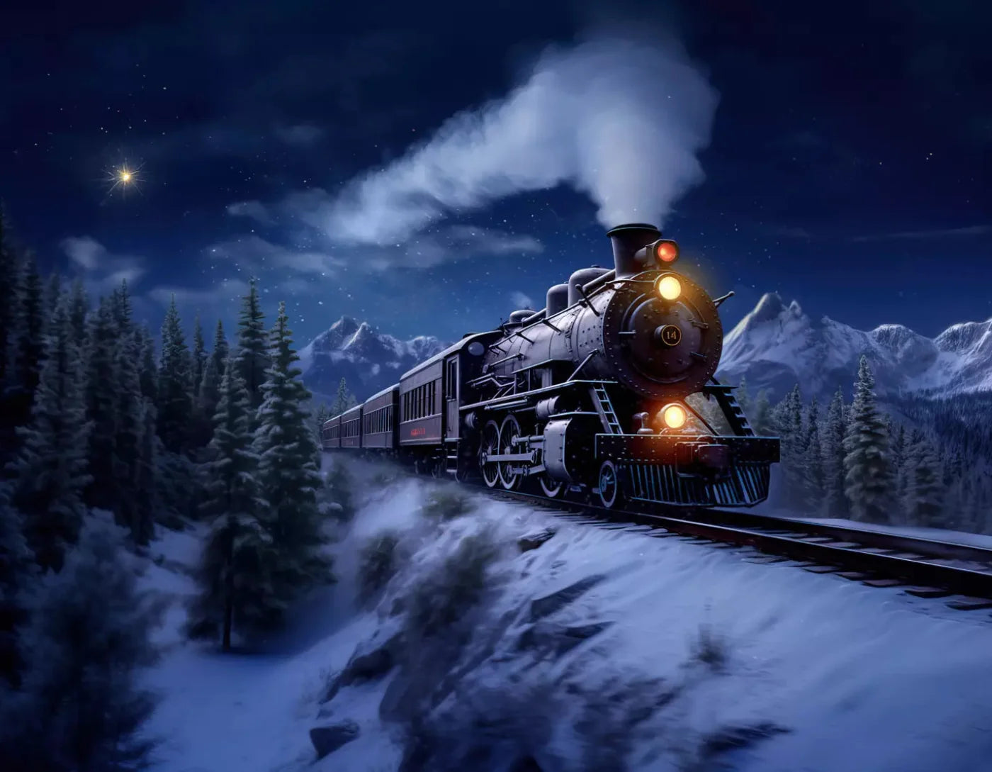 Train In Snowy Mountains 8X6 Fleece ( 96 X 72 Inch ) Backdrop