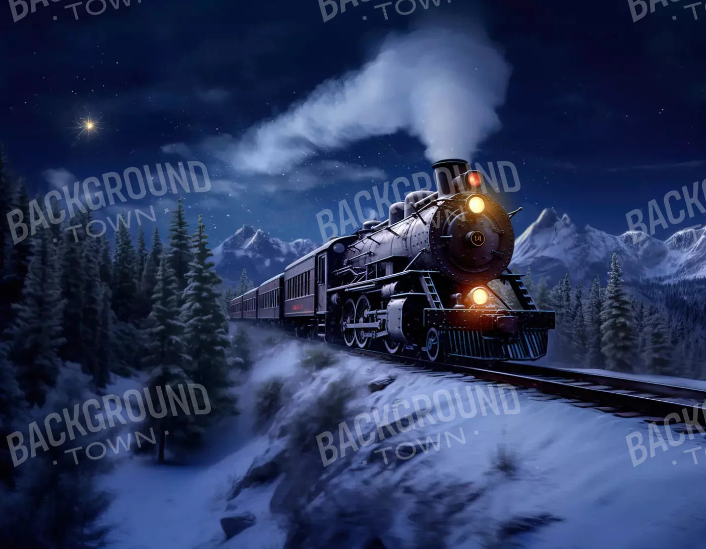 Train In Snowy Mountains 8X6 Fleece ( 96 X 72 Inch ) Backdrop