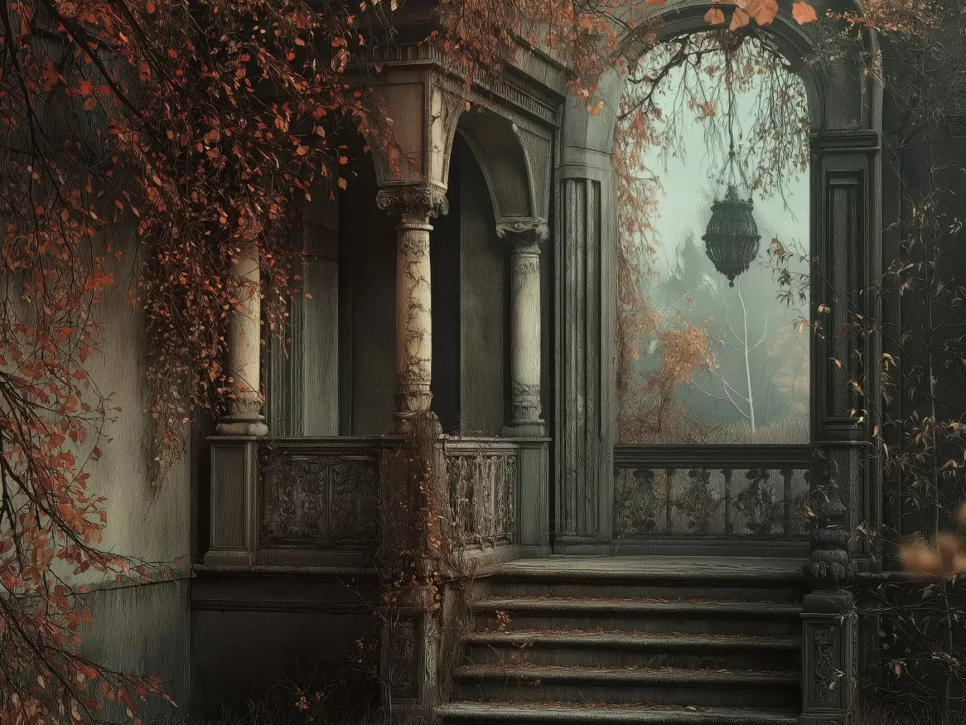 Victorian Courtyard Stairs 6’8x5’ Fleece (80 x 60 inch) Backdrop