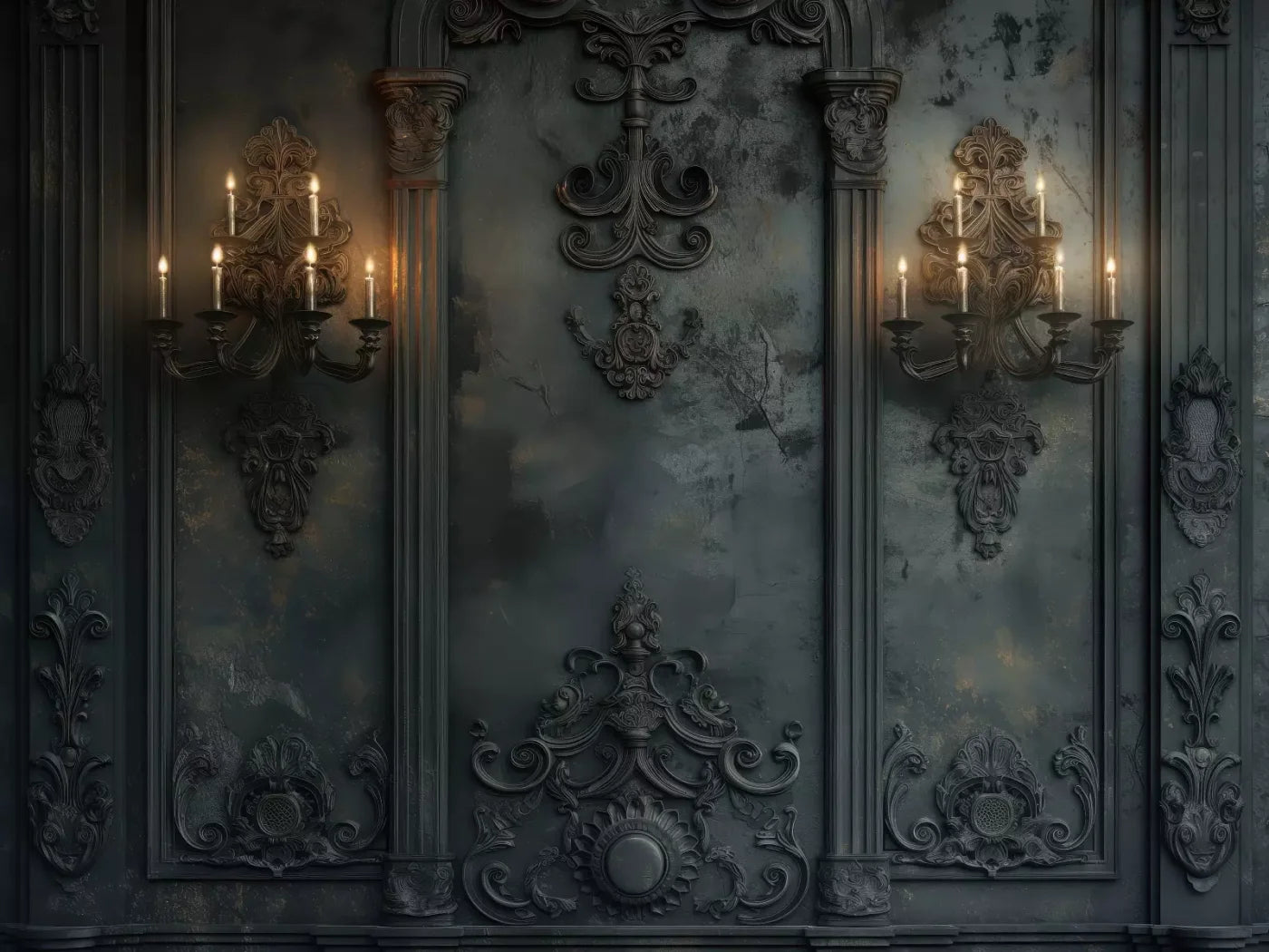 Victorian Gothic Candle Sconces 6’8x5’ Fleece (80 x 60 inch) Backdrop