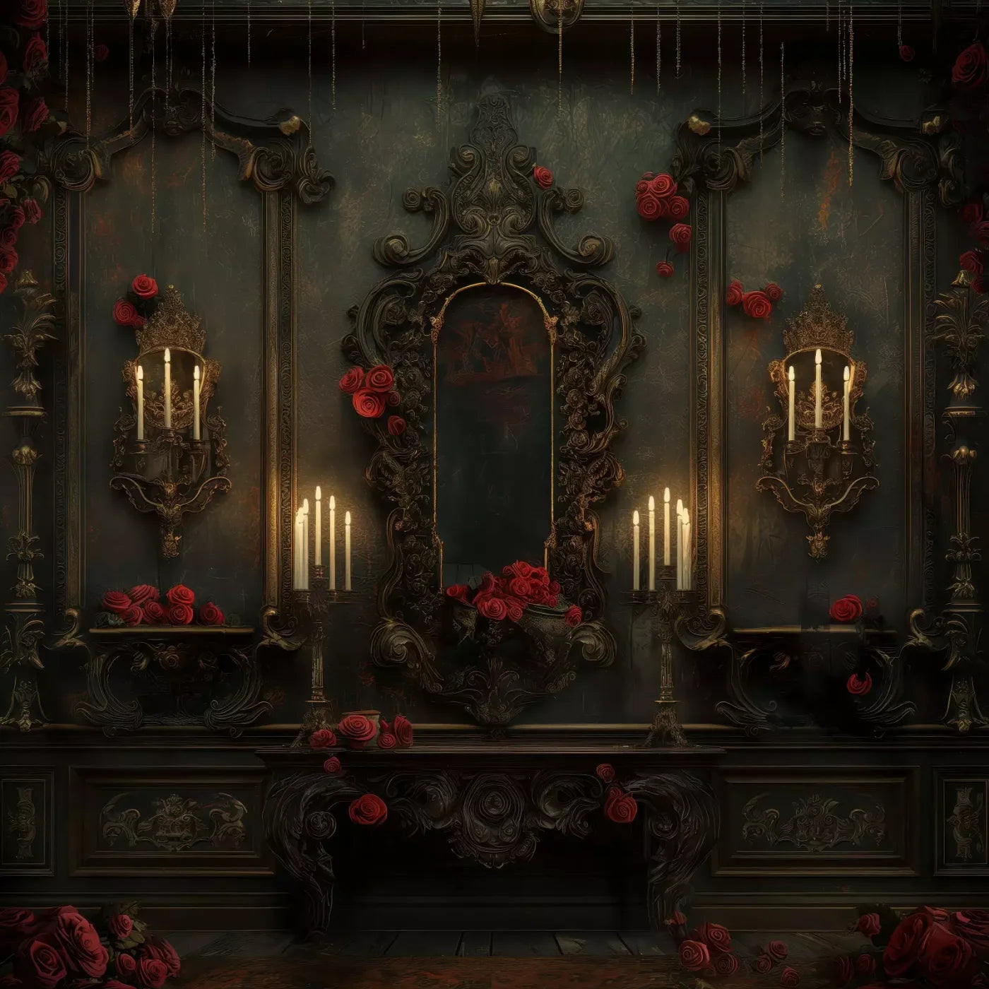 Victorian Gothic Entrance With Candles 8’x8’ Fleece (96 x 96 inch) Backdrop