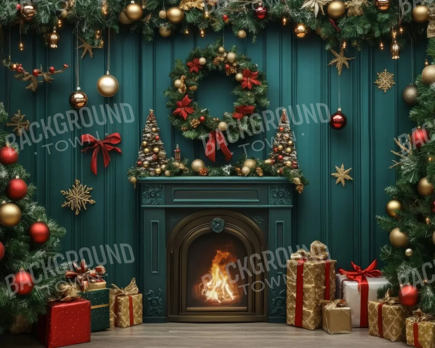 Vintage Emerald Green Christmas Fireplace 10’x8’ Fleece (120 x 96 inch) Backdrop