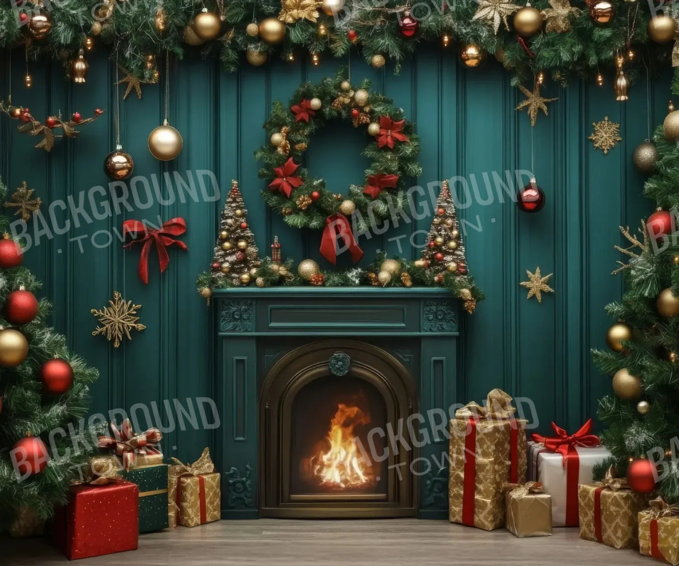Vintage Emerald Green Christmas Fireplace 12’x10’ UltraCloth (144 x 120 inch) Backdrop