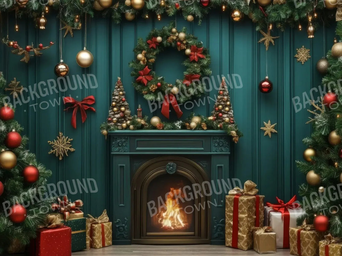 Vintage Emerald Green Christmas Fireplace 6’8x5’ Fleece (80 x 60 inch) Backdrop