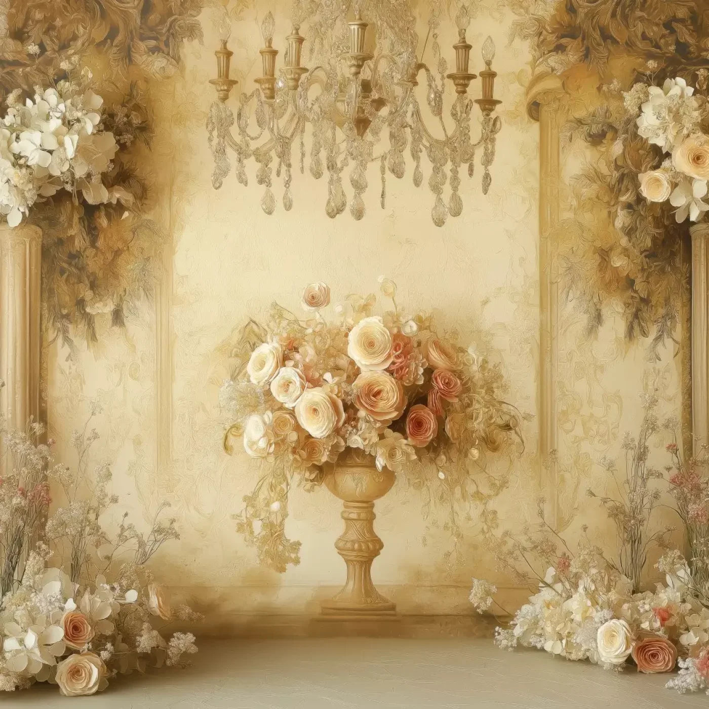 Vintage Flowers On Pedestals 10’x10’ UltraCloth (120 x 120 inch) Backdrop
