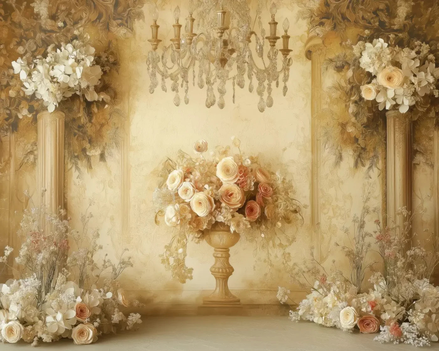 Vintage Flowers On Pedestals 10’x8’ Fleece (120 x 96 inch) Backdrop