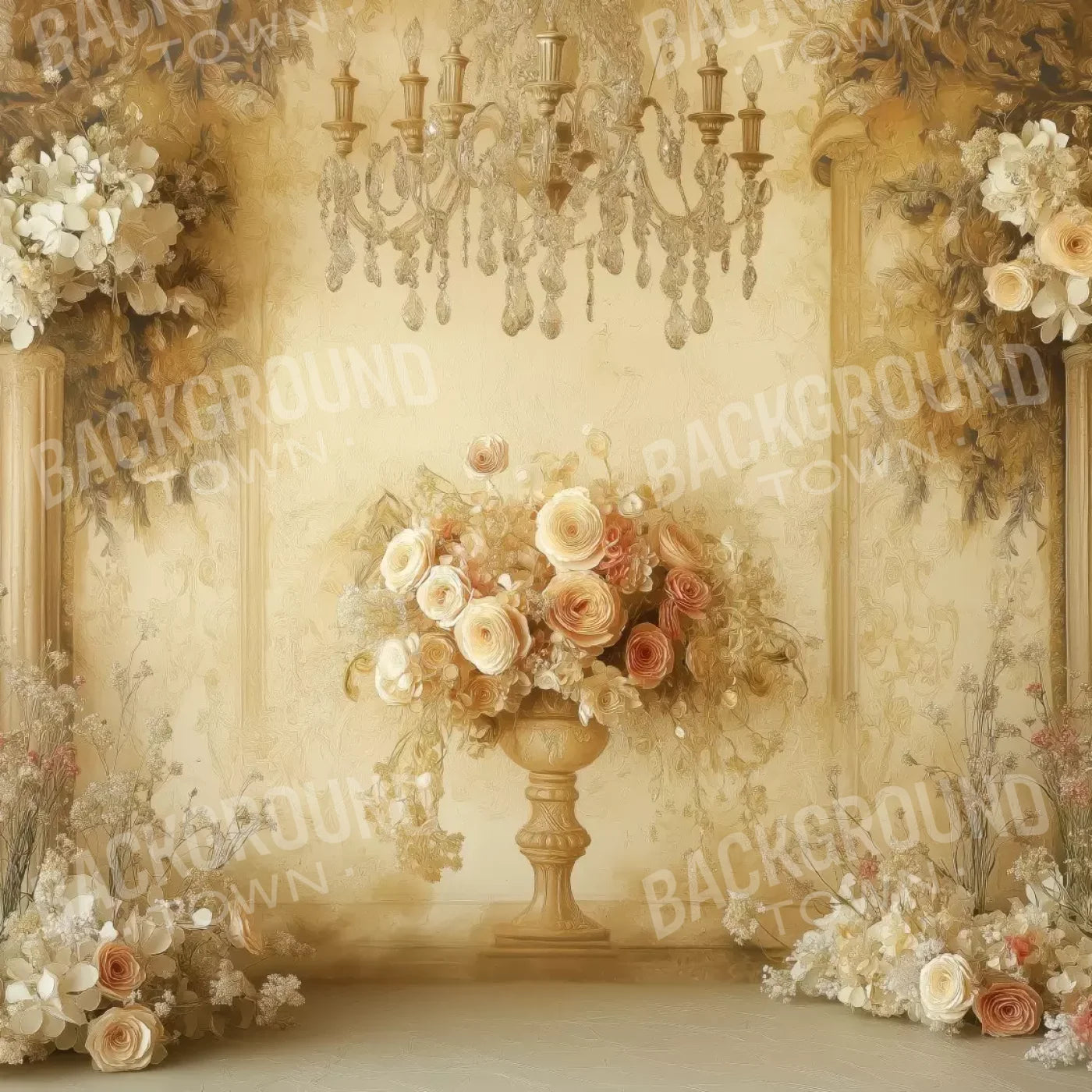 Vintage Flowers On Pedestals 8’x8’ Fleece (96 x 96 inch) Backdrop