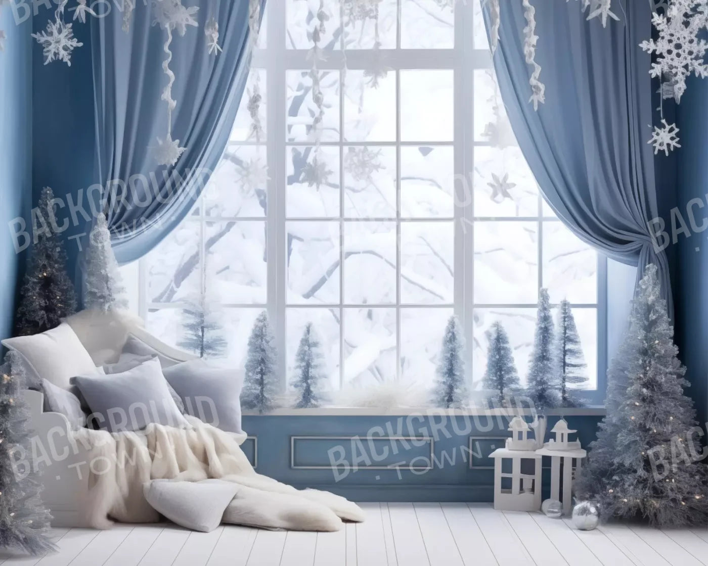 White And Blue Window 1 10X8 Fleece ( 120 X 96 Inch ) Backdrop