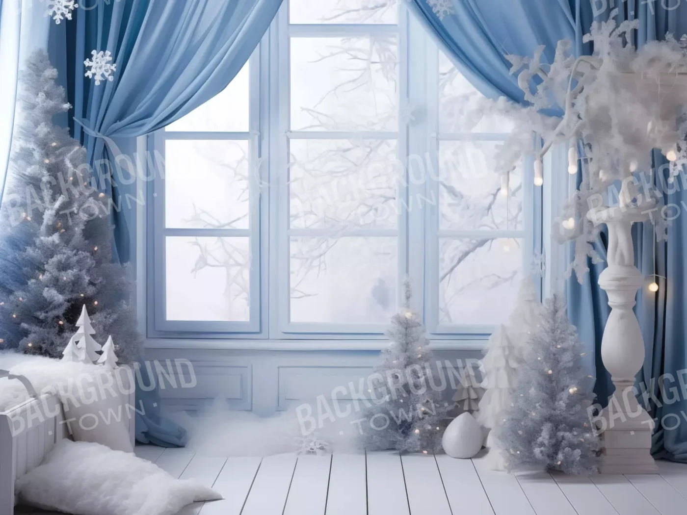 White And Blue Window 2 68X5 Fleece ( 80 X 60 Inch ) Backdrop