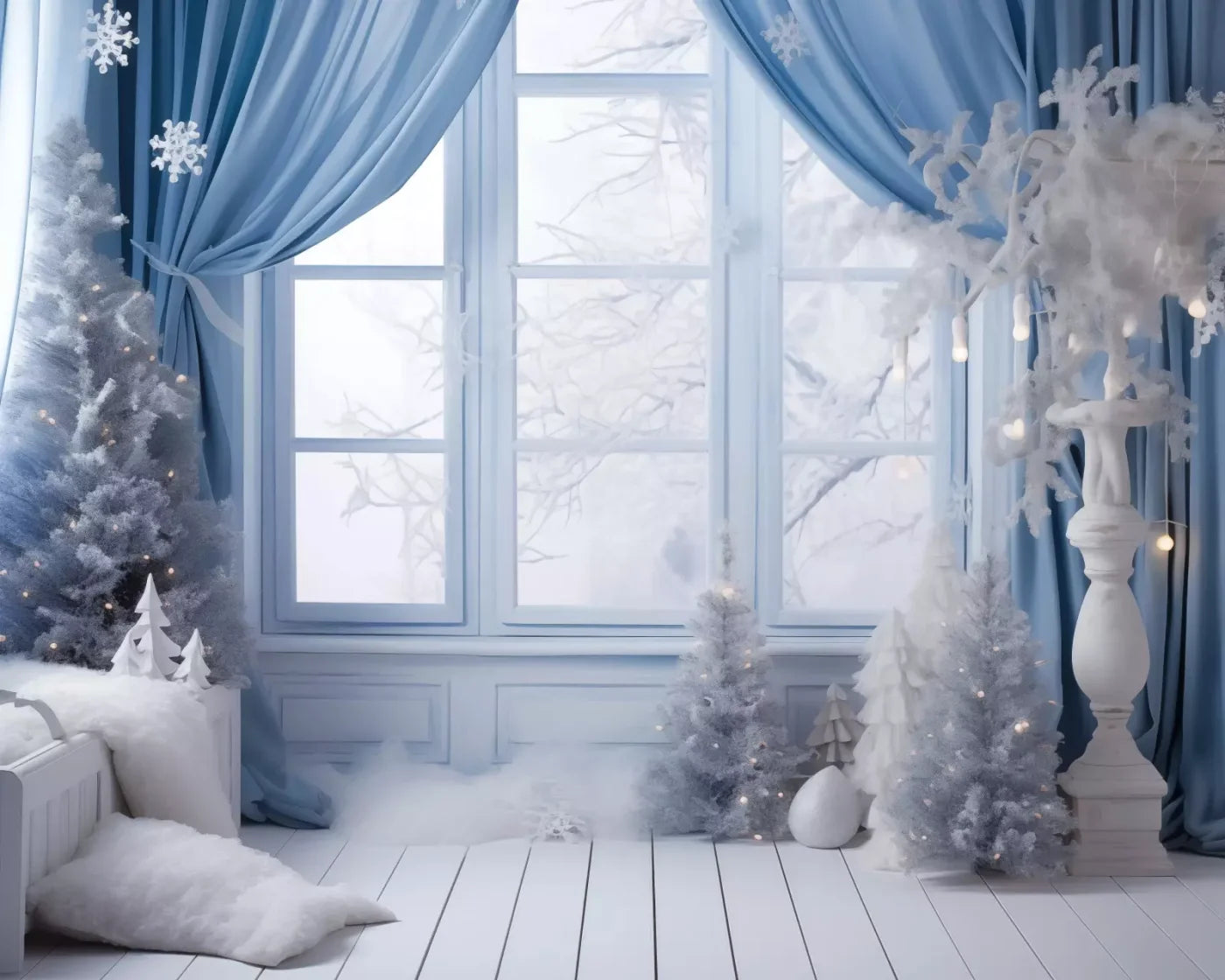 White And Blue Window 2 10X8 Fleece ( 120 X 96 Inch ) Backdrop