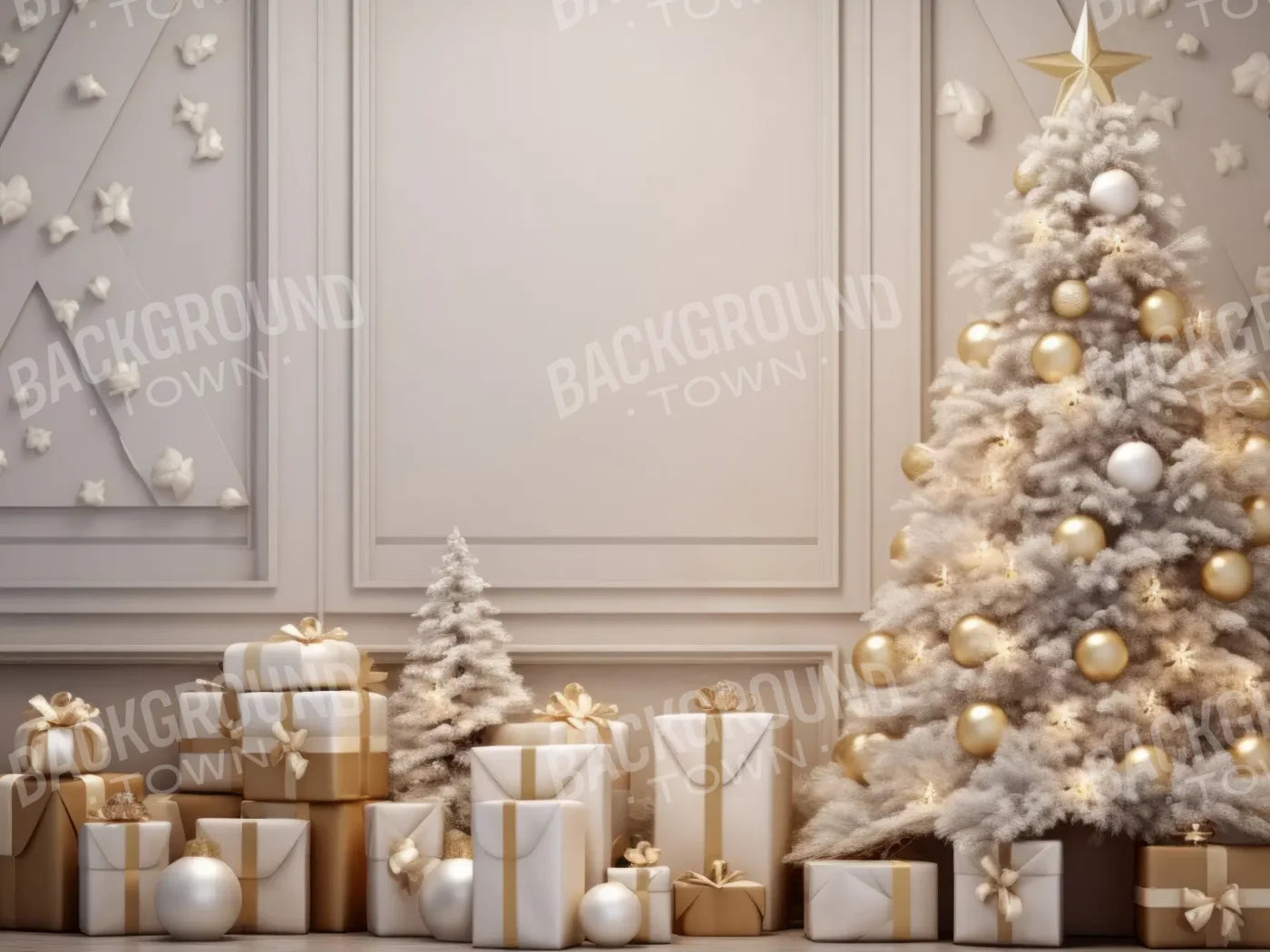 White and Gold Christmas 8’x6’ Fleece (96 x 72 inch) Backdrop