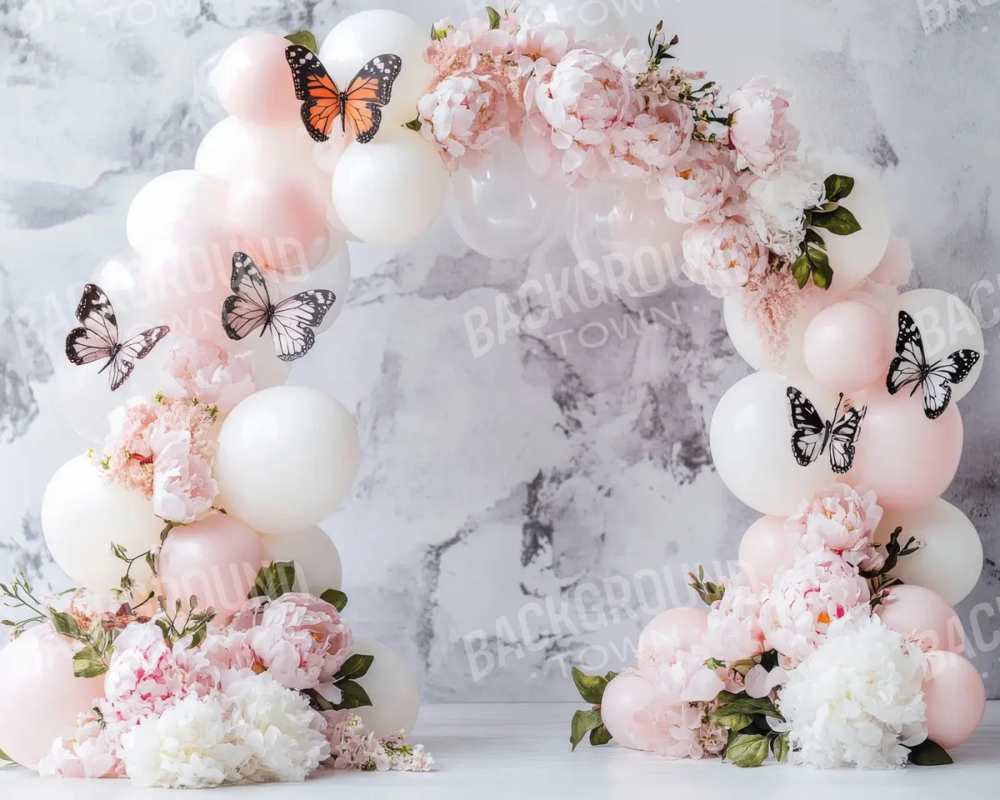 White Balloon Arch Butterflies 10’x8’ Fleece (120 x 96 inch) Backdrop