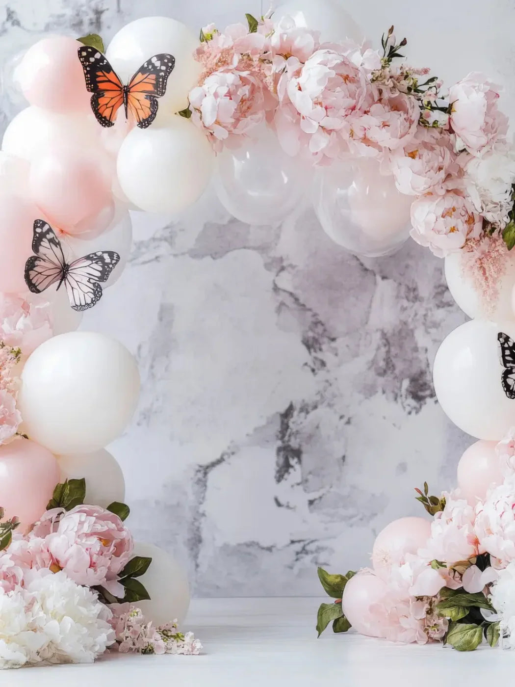 White Balloon Arch Butterflies 6’x8’ Fleece (72 x 96 inch) Backdrop