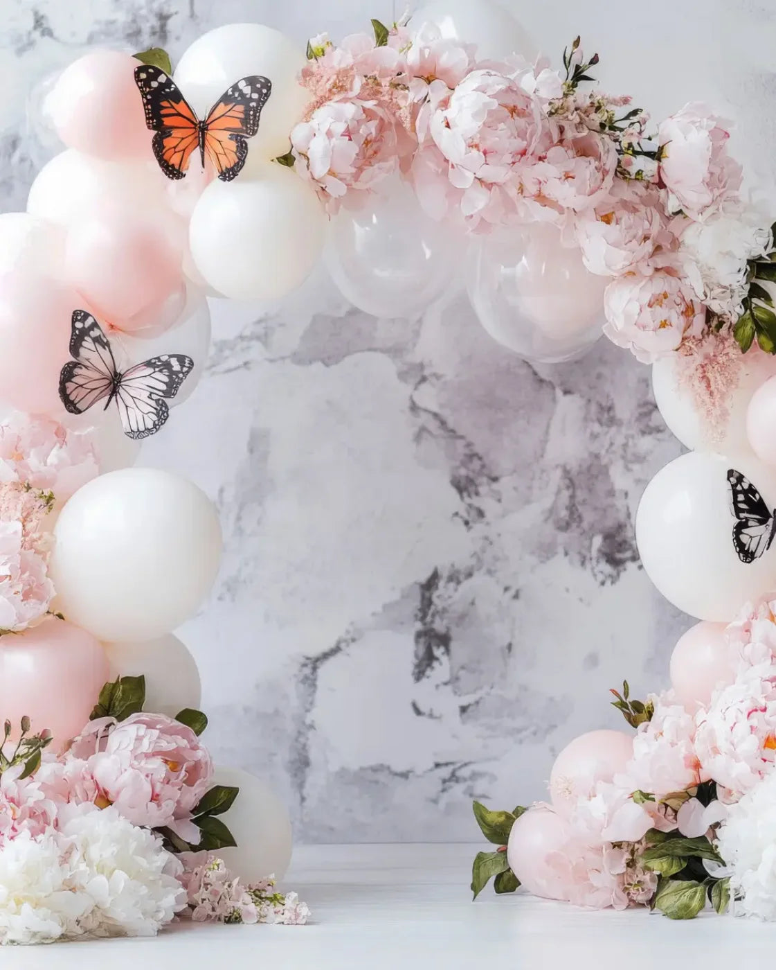 White Balloon Arch Butterflies 8’x10’ Fleece (96 x 120 inch) Backdrop