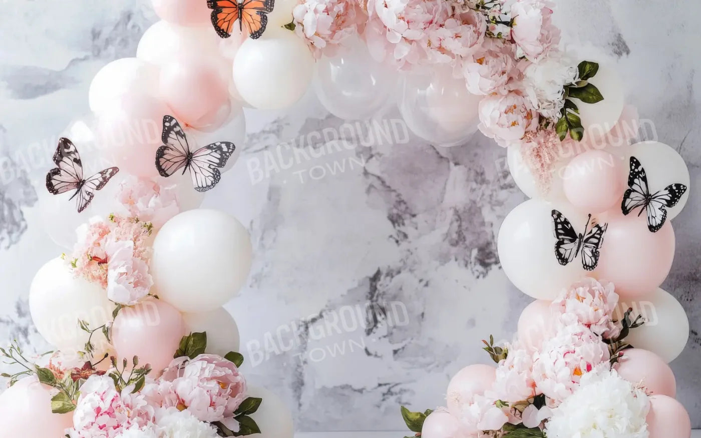 White Balloon Arch Butterflies 8’x5’ UltraCloth (96 x 60 inch) Backdrop