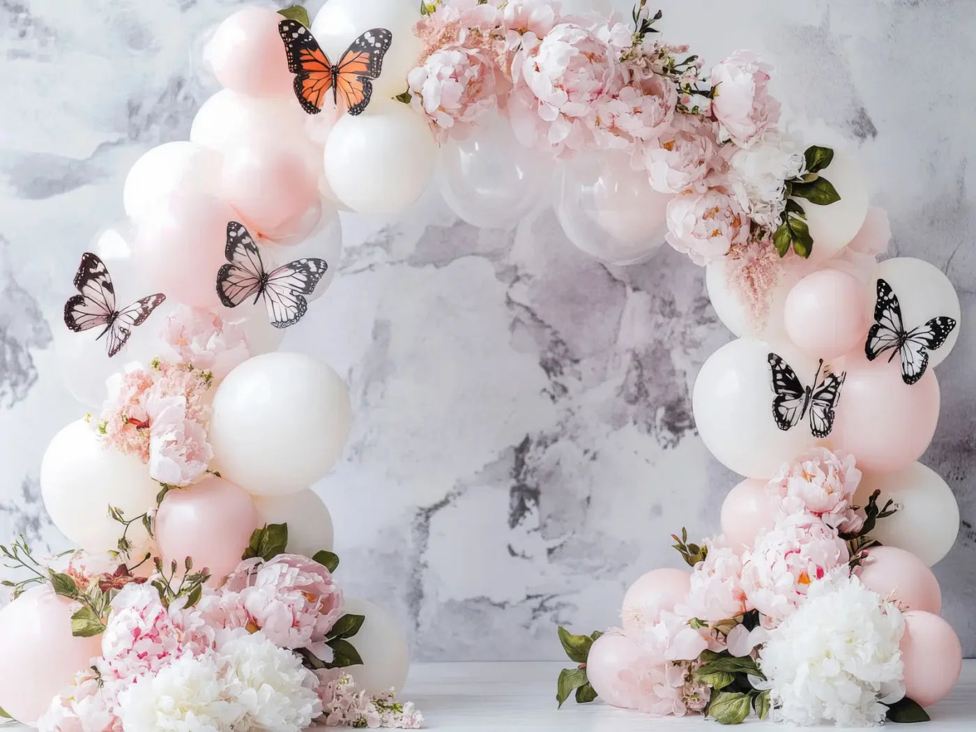 White Balloon Arch Butterflies 8’x6’ Fleece (96 x 72 inch) Backdrop