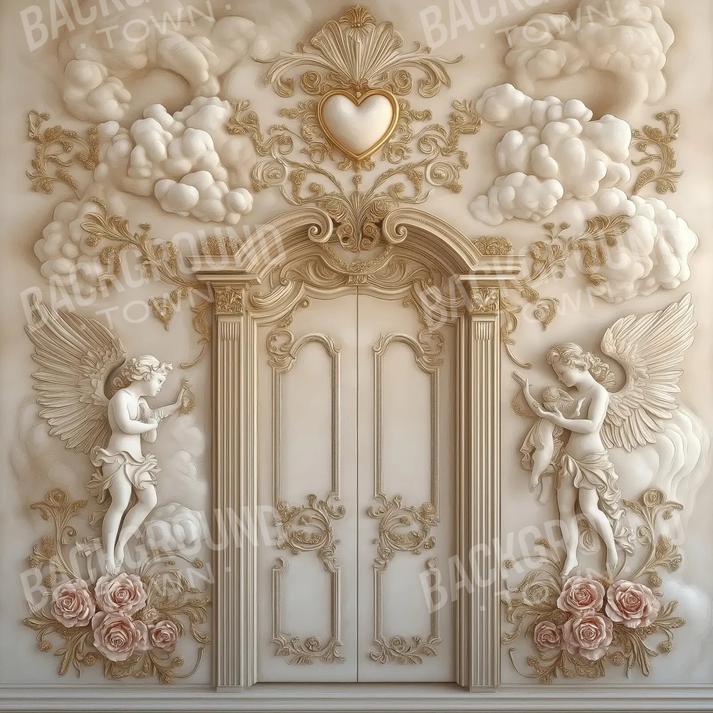 White Door With Angels2 10’x10’ UltraCloth (120 x 120 inch) Backdrop