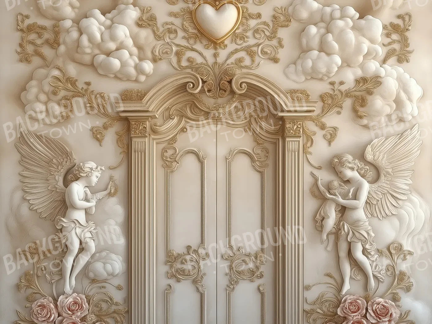 White Door With Angels2 8’x6’ Fleece (96 x 72 inch) Backdrop
