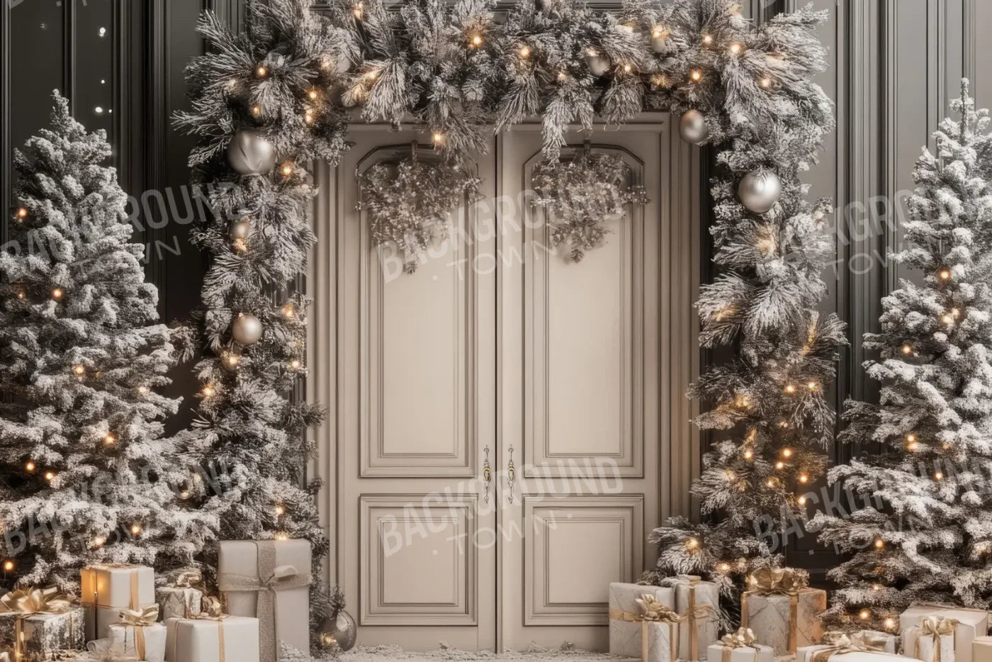 Wintery Christmas Doors 12’x8’ UltraCloth (144 x 96 inch) Backdrop