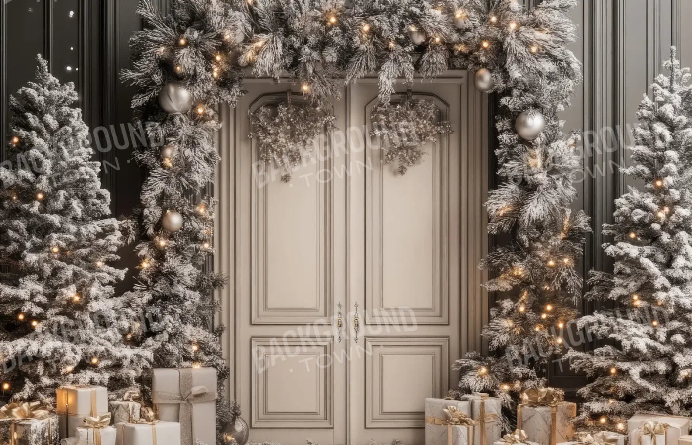 Wintery Christmas Doors 14’x9’ UltraCloth (168 x 108 inch) Backdrop