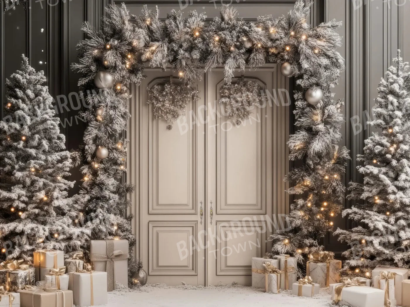 Wintery Christmas Doors 8’x6’ Fleece (96 x 72 inch) Backdrop