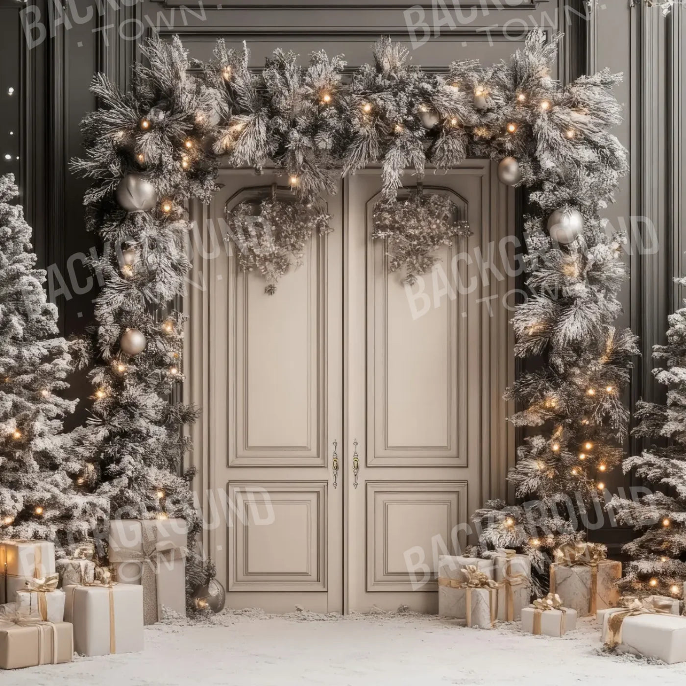 Wintery Christmas Doors 8’x8’ Fleece (96 x 96 inch) Backdrop